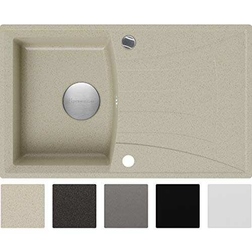 Fregadero de Granito con Premium Sifón Valencia Fregadero Empotrado Beige Armario Cocina 45cm Antibacteriano Lavabo de Granito con Premium Sifón Automático y Rejilla Primagran