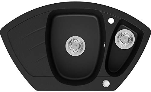 Fregadero de Granito con Sifón Catania Fregadero de esquina Empotrado Nero Armario Cocina 60cm Lavabo de Granito con Sifón y Rejilla Primagran