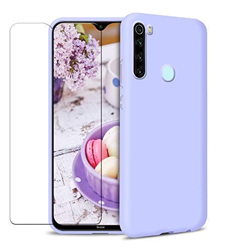 Funda para Xiaomi Redmi Note 8 + Protector de Pantalla de Vidrio Templado, Carcasa Ultra Fino Suave Flexible Silicona Colores del Caramelo Protectora Caso Anti-rasguños Case - Morado Claro