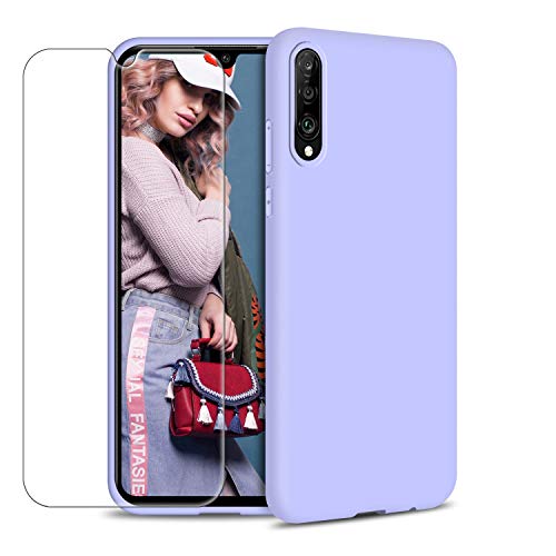 Funda Samsung Galaxy A50 + Protector de Pantalla de Vidrio Templado, Carcasa Ultra Fino Suave Flexible Silicona Colores del Caramelo Protectora Caso Anti-rasguños Back Case - Morado Claro