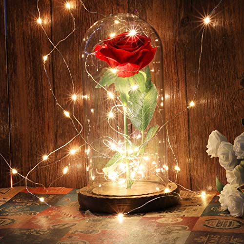 FunPa Rosa Eterna Roja, Rosas La Bella y la Bestia Rosa de Seda Roja y luz LED Flor en Cúpula Vidrio con Pedestal de Madera Boda Regalo para de Día de la Madre
