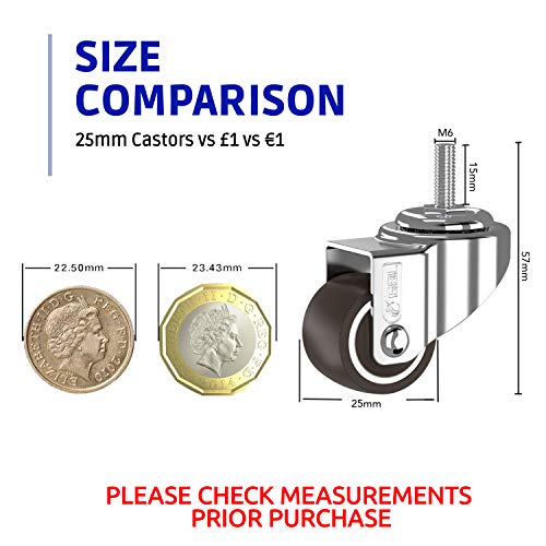 GBL - 4 Ruedas para Muebles 25mm TPR 40KG | M6x15mm Ruedas Giratorias, Rueda Pivotantes, Ruedas de Freno Industrial Con Placa de Montaje