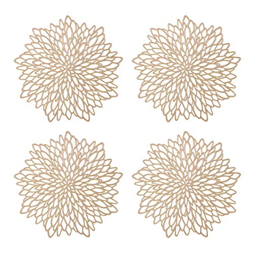 GlobalDream Manteles Redondos ahuecados, 4 Piezas Manteles Redondos metálicos Dorados Mantel Antideslizante Mantel Individual Coaster de plástico PVC Almohadillas de Aislamiento Alfombrillas