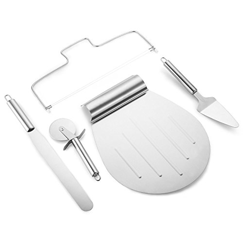 GossipBoy Set di 5 Server Pala Tarta Accesorios para Tartas - Pizza Cutter,Pizza Paddle, Lira para Tartas,Espatula Cocina, Espatula para Tartas de Acero Inoxidable.
