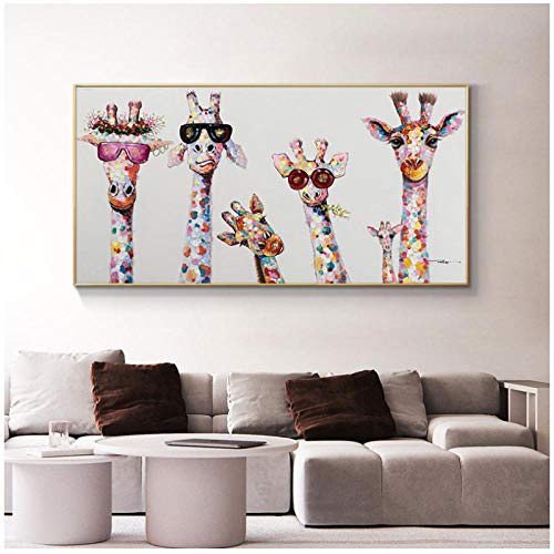 Graffiti Pinturas sobre lienzo Colorido Animal Jirafa Una familia con gafas Cuadros Impresiones Arte de la pared para la habitación del bebé Decoración del hogar (70X140cm   Sin marco)