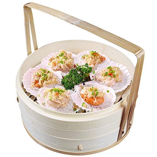 Grandma Shark 2 Niveles Vaporera de Bambú con Asa, 50 Count Vapor Papel y 2 Pares Palillos, Apto para Vapor Bolas de Masa, Arroz, Carne (Ø 25cm) (25,4 × 22 cm (con Asa))