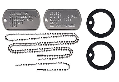 Graphotype™ Chapa Militar: Juego de 2 chapas de identificación Tipo Militar, con Cadenas de Bolas y silenciadores. (Leer la descripción para Ver cómo personalizarlas)