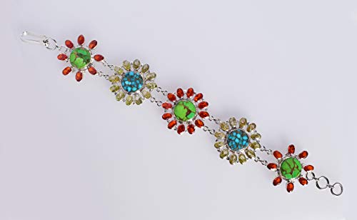 Green Mohave - Pulsera para mujer con piedras preciosas de cobre turquesa y turquesa, cobre azul, peridoto, granate, plata de ley 925 maciza, FSJ-4841