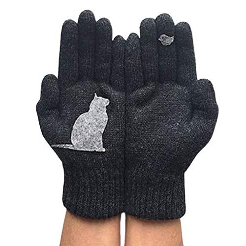 Guantes de equitación Xiuinserty para hombres y mujeres, manoplas de patchwork de invierno de lana sintética gruesa y cálida, guantes de punto de dibujos animados para gato y pájaro caqui