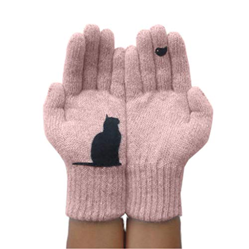 Guantes de equitación Xiuinserty para hombres y mujeres, manoplas de patchwork de invierno de lana sintética gruesa y cálida, guantes de punto de dibujos animados para gato y pájaro caqui