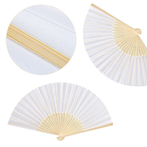 GWHOLE 12 x Abanico Plegable de Mano Tela Regalo Recuerdo Detalle para Invitados de Boda Fiesta o Baile Arte Madera con Caja Papel para Guardar (Blanco)
