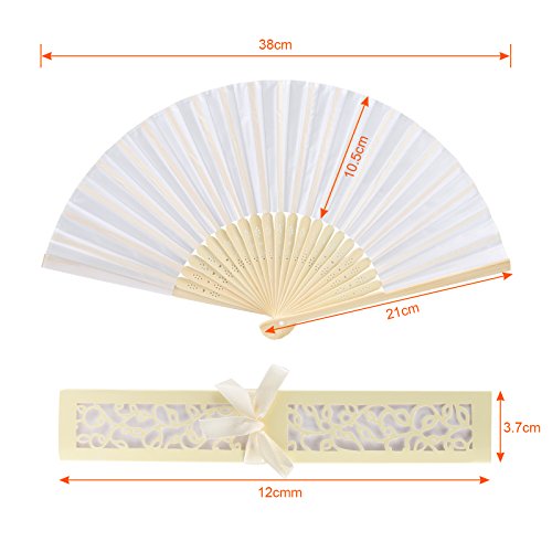 GWHOLE 12 x Abanico Plegable de Mano Tela Regalo Recuerdo Detalle para Invitados de Boda Fiesta o Baile Arte Madera con Caja Papel para Guardar (Blanco)