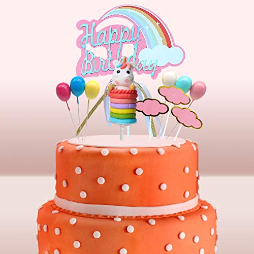 Gwolf Decoracion Tarta Unicornio, Decoración de Pasteles Unicornio, Decoración de la Torta de cumpleaños de Toppers de la Torta Feliz cumpleaños Globos del Arco Iris Nubes cumpleaños de la Torta
