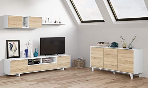 Habitdesign 1F6682BO - Mueble de salón Moderno, modulos Comedor Belus, Medidas: 200 cm x 41 cm de Profundidad (Blanco Brillo - Roble Canadian)