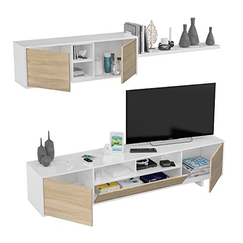 Habitdesign 1F6682BO - Mueble de salón Moderno, modulos Comedor Belus, Medidas: 200 cm x 41 cm de Profundidad (Blanco Brillo - Roble Canadian)