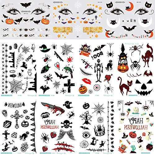 Halloween tatuajes temporales, pegatinas de tatuajes temporales para niños, paquete de regalo de fiesta de truco o trato de Halloween, pegatinas de decoración de Halloween: calabazas, fantasmas