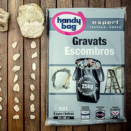 Handy Bag Bolsas Basura 50L Escombros, Ultra Resistentes, Asas Laterales, 5 Sacos