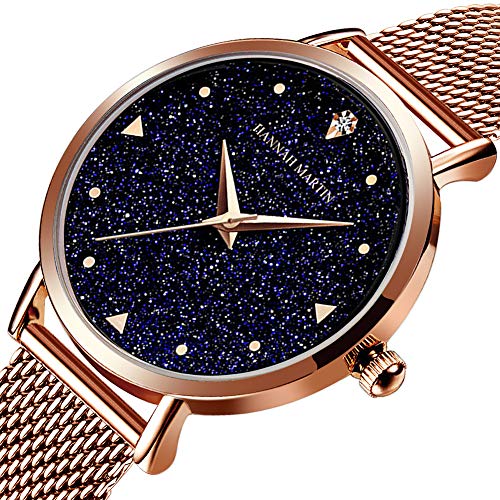 Hannah Martin Japón Cuarzo Estrellado Noche de Acero Inoxidable Malla Impermeable Reloj para Navidad Acción de Gracias