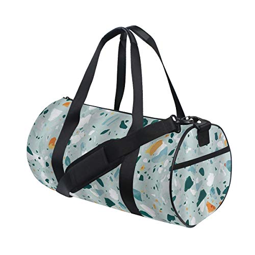 HARXISE Superficie De Mármol Italiano Con Elegante Fondo De Mosaico De Suelo De Terrazo，Bolsa de equipaje de viaje Deporte Lienzo ligero Equipaje de fitness Bolso de tambor Desmontable