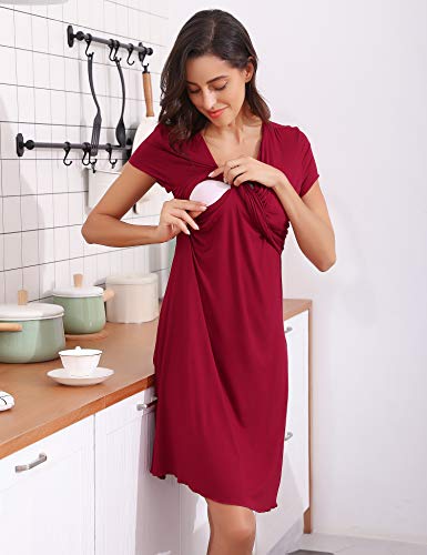 Hawiton Camisón Lactancia Pijama Embarazada Algodón Ropa para Dormir Premamá Manga Corta Hospital Verano (Medium, Vino Rojo)