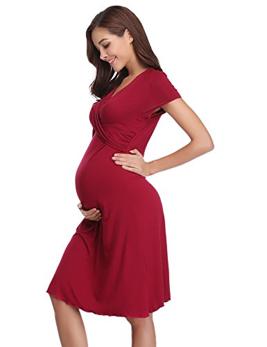 Hawiton Camisón Lactancia Pijama Embarazada Algodón Ropa para Dormir Premamá Manga Corta Hospital Verano (Medium, Vino Rojo)