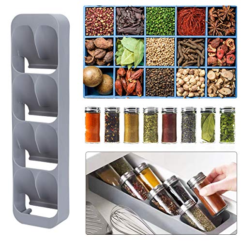 HelloCreate Organizador de tarros de especias, bandeja organizadora de cajones de cocina, 8 rejillas para organizar suministros de cocina