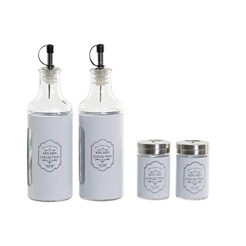 Hogar y Mas Aceitera y vinagrera, Pimentero, Salero de Cristal con Soporte Metal. Juego/Convoy 4 Piezas, Diseño Blanco 20,5X8X24,5 cm