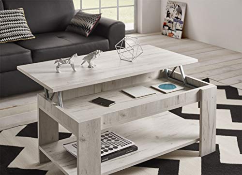 HOGAR24 ES Mesa de Centro Elevable con Revistero, Color Blanco Vintage. Medidas: 100x50x49/57