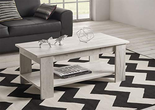 HOGAR24 ES Mesa de Centro Elevable con Revistero, Color Blanco Vintage. Medidas: 100x50x49/57
