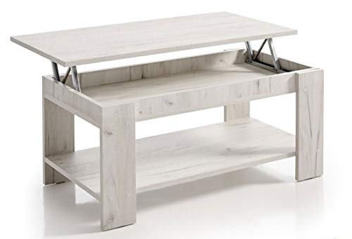 HOGAR24 ES Mesa de Centro Elevable con Revistero, Color Blanco Vintage. Medidas: 100x50x49/57