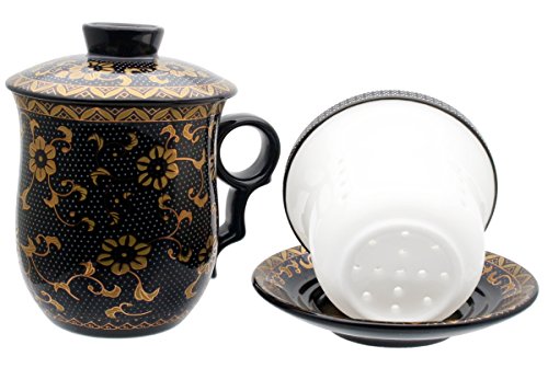 HOLLIHI porcelana taza de té con tapa y platillo infusor Sets – chino Jingdezhen cerámica taza de café de té sistema de preparación de té para oficina en casa