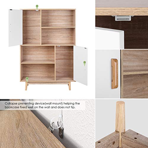 Homfa Estantería Libros Librería Pared Organizador Armario Mueble Madera para Dormitorio Salón con 2 Puertas 6 Compartimentos Roble y Blanca 80x24x106cm