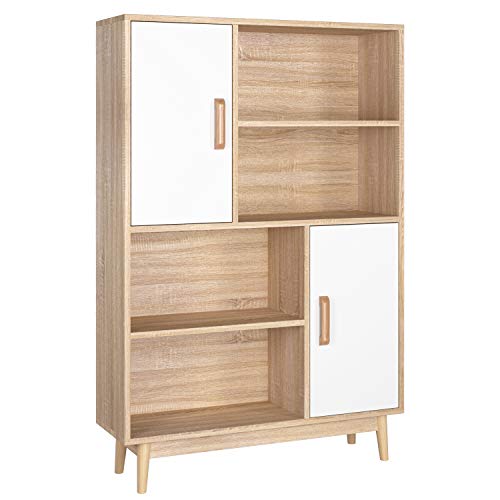Homfa Estantería Libros Librería Pared Organizador Armario Mueble Madera para Dormitorio Salón con 2 Puertas 6 Compartimentos Roble y Blanca 80x24x106cm