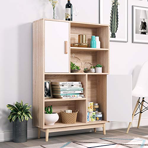 Homfa Estantería Libros Librería Pared Organizador Armario Mueble Madera para Dormitorio Salón con 2 Puertas 6 Compartimentos Roble y Blanca 80x24x106cm
