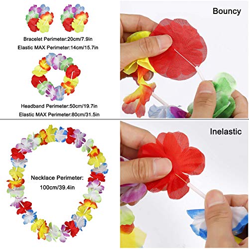 HONGXIN-SHOP Falda de Hierba Hawaiana con Elástica Flores Disfraces Guirnalda Diadema Pulsera Collar para Niñas Mujer Fiesta Hula Luau Accesorio 4 Sets