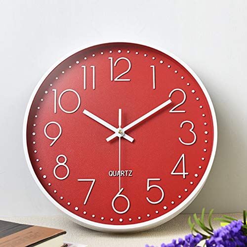 Hoston Reloj de Pared Moderno,Grandes Silencioso Interior Reloj de Cuarzo Redondo sin tictac Decorativos Reloj Pared para Sala Cocina, Dormitorio, Oficina. (Rojo)