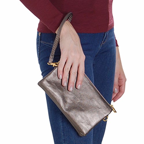 Humble Chic NY Pequeño Cuero Vegano O De Crossbody Del Mitón Del Monedero Del Embrague, Incluye Hombro Ajustable Y Correas De Muñeca, Bronce De Cañón, Metálico, Plata Oscura