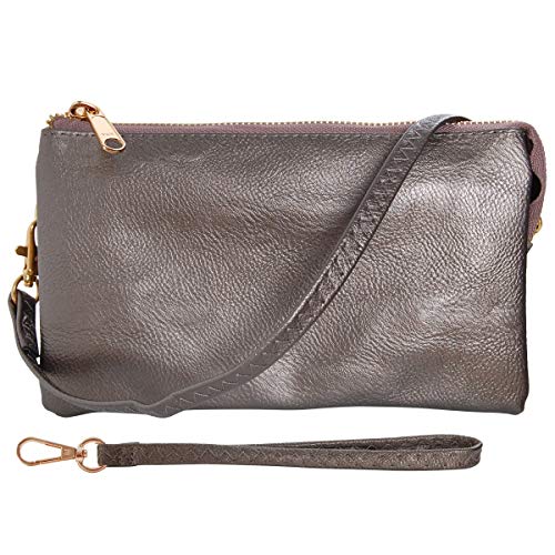 Humble Chic NY Pequeño Cuero Vegano O De Crossbody Del Mitón Del Monedero Del Embrague, Incluye Hombro Ajustable Y Correas De Muñeca, Bronce De Cañón, Metálico, Plata Oscura