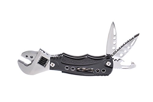 Huntington Traveler Premium, herramienta multiusos de acero inoxidable: llave inglesa ajustable, abrebotellas, sierra, abrelatas, alicates, destornilladores con puntas intercambiables, color negro y plateado, MT093 (DE)