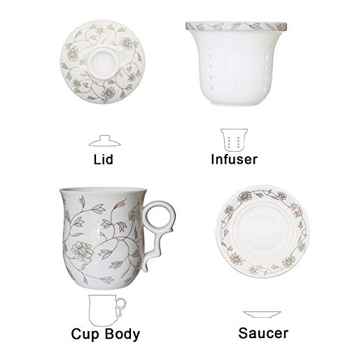 Hwagui Chinese Style 4 piezas taza de té de cerámica porcelana taza de té flor pintura taza de café establece con tapa, infusor, platillo