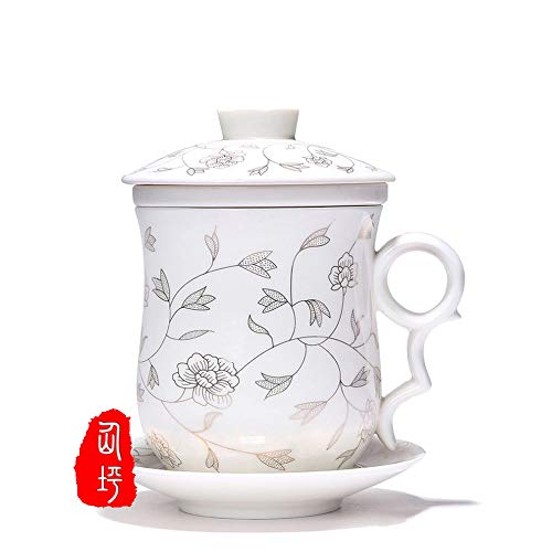 Hwagui Chinese Style 4 piezas taza de té de cerámica porcelana taza de té flor pintura taza de café establece con tapa, infusor, platillo