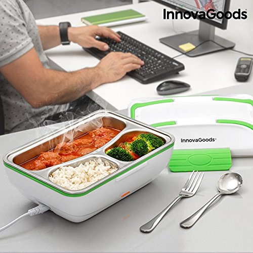 InnovaGoods Fiambrera Eléctrica Pro 50W, Acero Inoxidable, Blanco/Verde, 24 X 11 X 18 Cm
