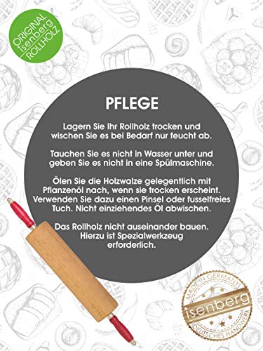 isenberg® - Rodillo de Madera Profesional - Hecho de una Pieza de Madera de Haya - Apoyado por rodamientos de Bolas (Rodillo de Pasta, Rodillo de Pasta, Rodillo de Masa) 30 cm Haya