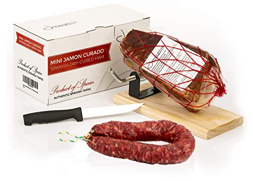 Jamón Serrano Curado Deshuesado 1 kg + Jamonero Kit + Salchichón 200 gr