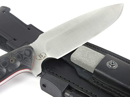 JEO-TEC Nº15 Cuchillo Supervivencia Caza Monte bushcraft Camping Outdoor Campo - Funda de Piel con pedernal y Piedra afilar incluidos - Acero BÖHLER N690C - Fabricado en España