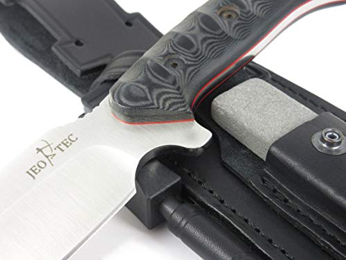 JEO-TEC Nº15 Cuchillo Supervivencia Caza Monte bushcraft Camping Outdoor Campo - Funda de Piel con pedernal y Piedra afilar incluidos - Acero BÖHLER N690C - Fabricado en España