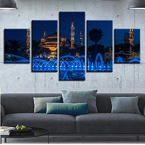 jqnxww Arte de la Pared Lienzo HD Imprime Fotos Marco 5 Unidades Mezquita Azul Y Fuente Paisaje Cartel Islámico Cuadros Religiosos Decoración para el hogar-Sin Marco