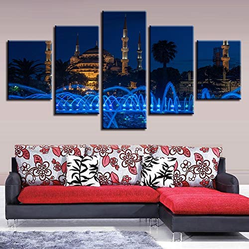 jqnxww Arte de la Pared Lienzo HD Imprime Fotos Marco 5 Unidades Mezquita Azul Y Fuente Paisaje Cartel Islámico Cuadros Religiosos Decoración para el hogar-Sin Marco