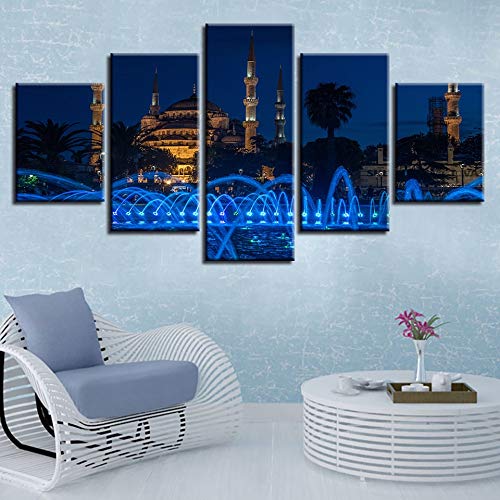 jqnxww Arte de la Pared Lienzo HD Imprime Fotos Marco 5 Unidades Mezquita Azul Y Fuente Paisaje Cartel Islámico Cuadros Religiosos Decoración para el hogar-Sin Marco