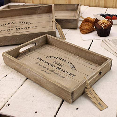 Juego de 3 Madera Bandejas Mercado de agricultores de almacén General Vintage Desayuno Almuerzo Regalo